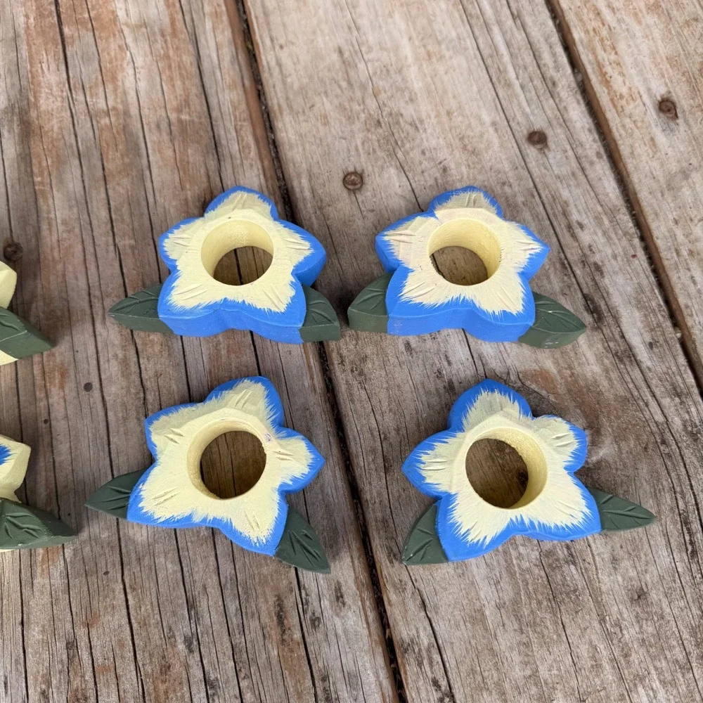 Vtg Floral Wooden Napkin Rings 8 Set Blue Yellow Hand Painted Rustic Cottagecore